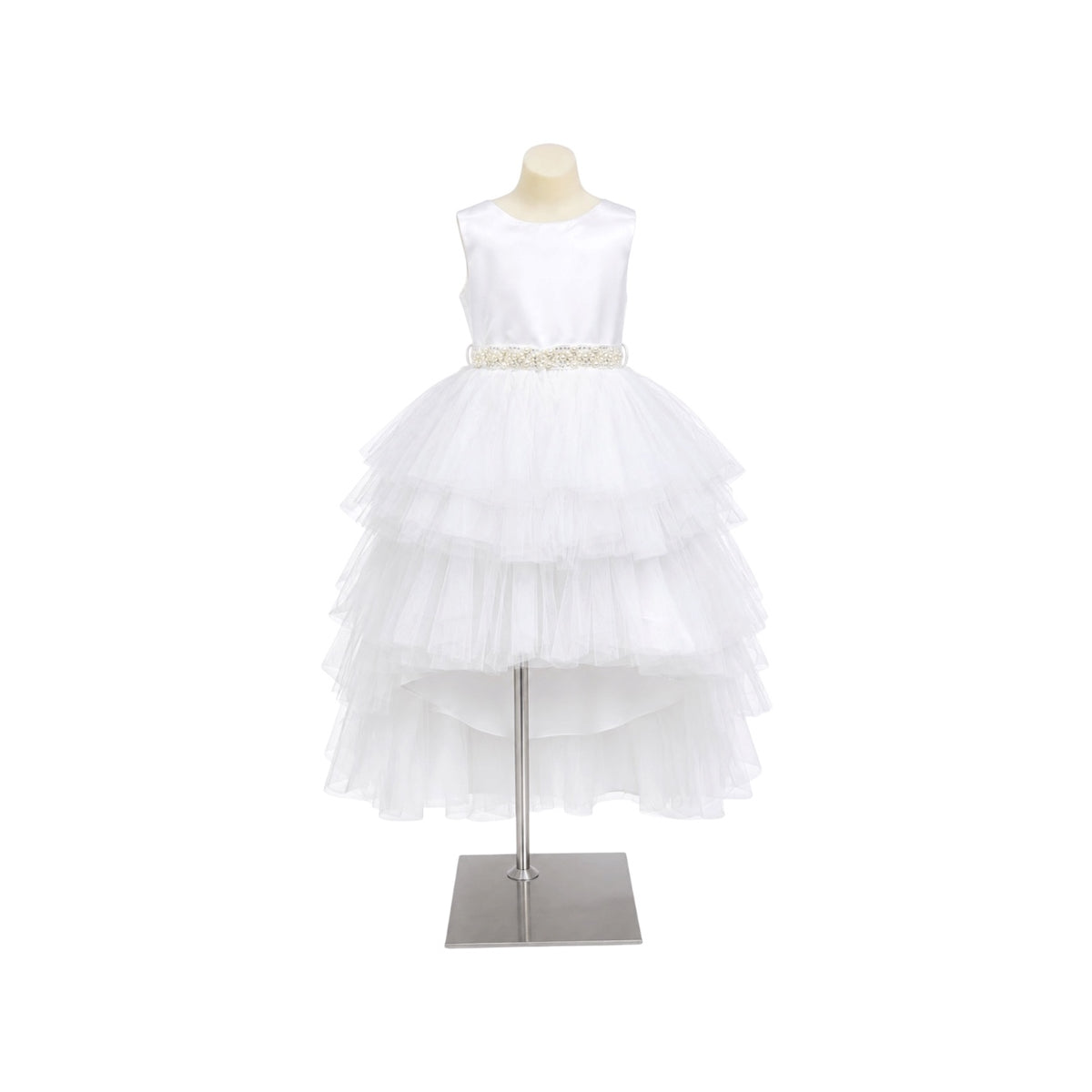 Joy Kids U.S.A. White Tiered Tulle High-Low Dress with Pearl Rhinestone Waist