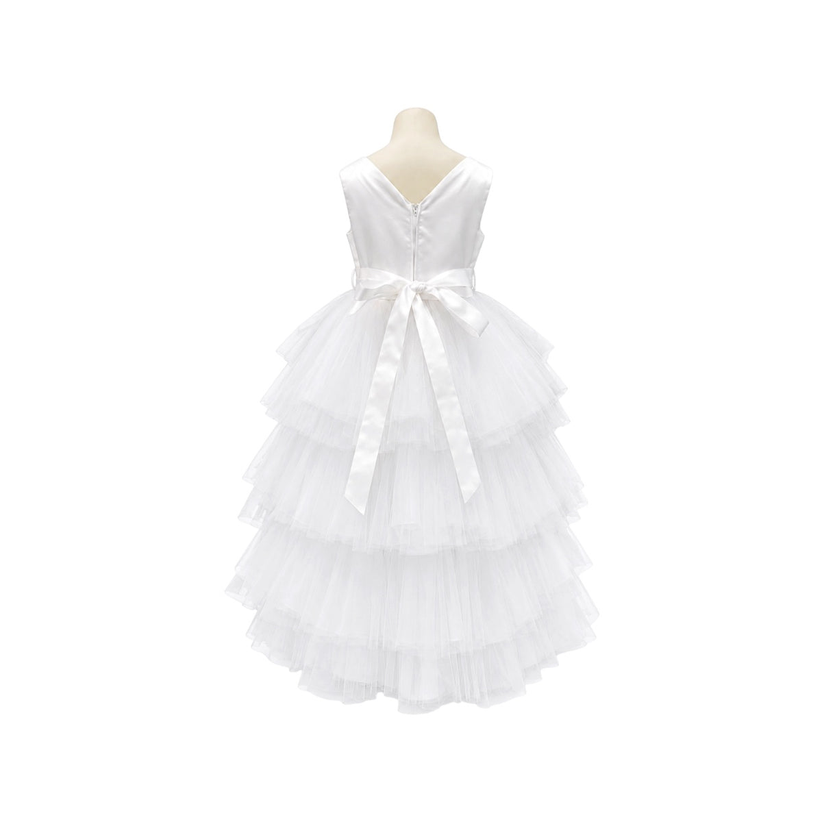 Joy Kids U.S.A. White Tiered Tulle High-Low Dress with Pearl Rhinestone Waist