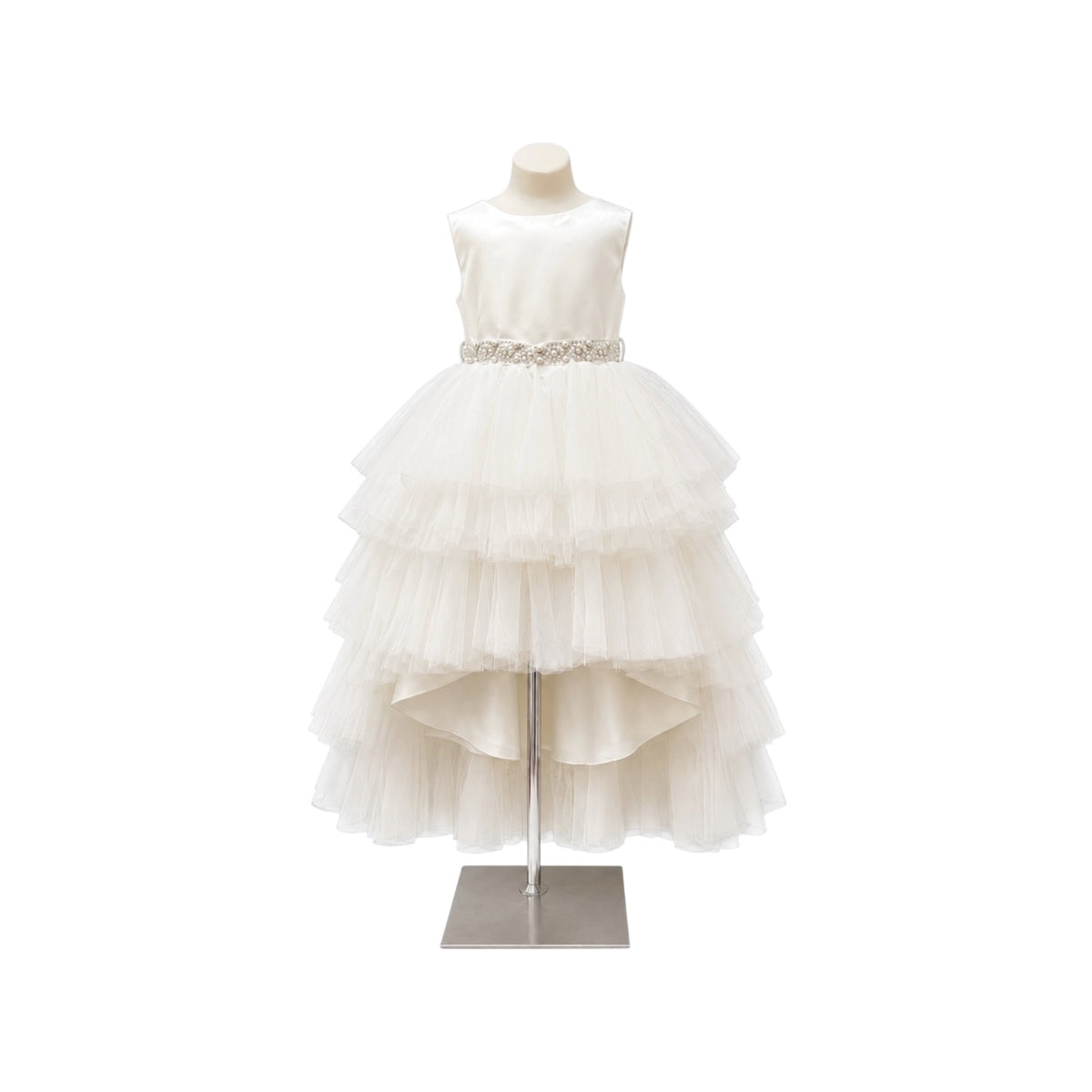 Joy Kids U.S.A. Ivory Tiered Tulle High-Low Dress with Pearl Rhinestone Waist (Size 16)