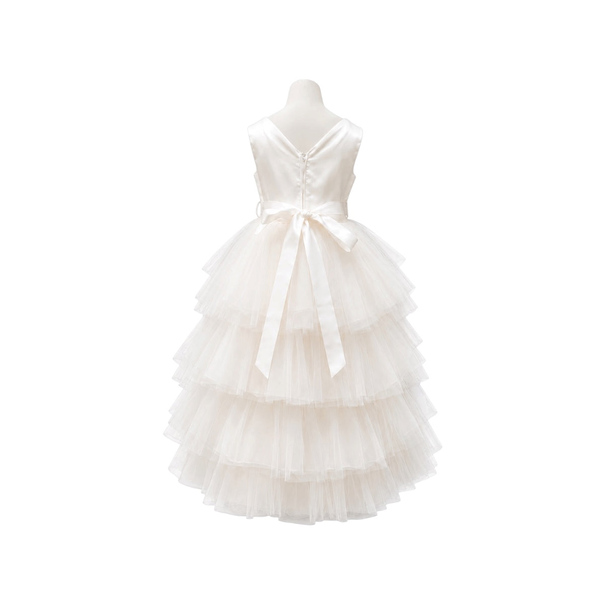 Joy Kids U.S.A. Ivory Tiered Tulle High-Low Dress with Pearl Rhinestone Waist (Size 16)