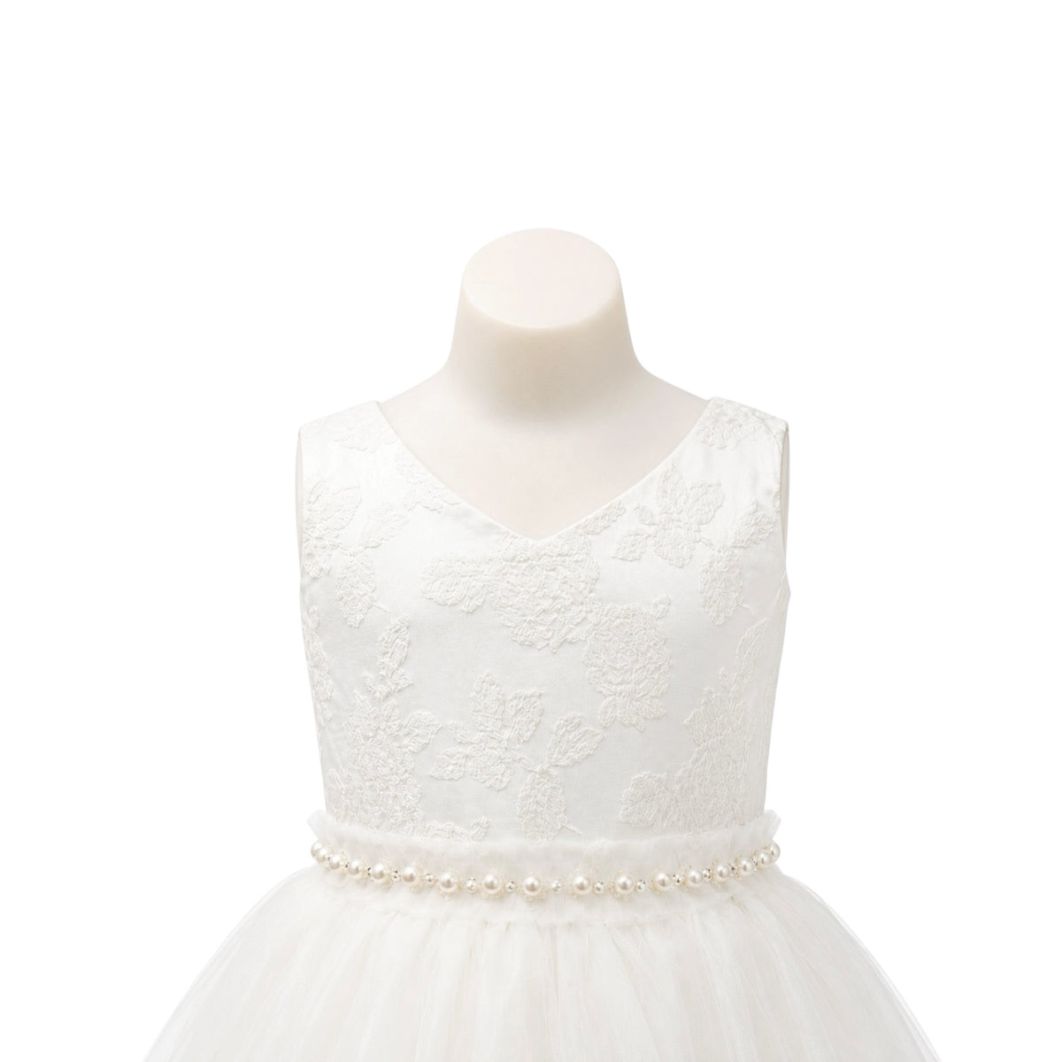 Off-White Floral Embroidered Tiered Tulle Dress with Pearl Waist (Size 12)