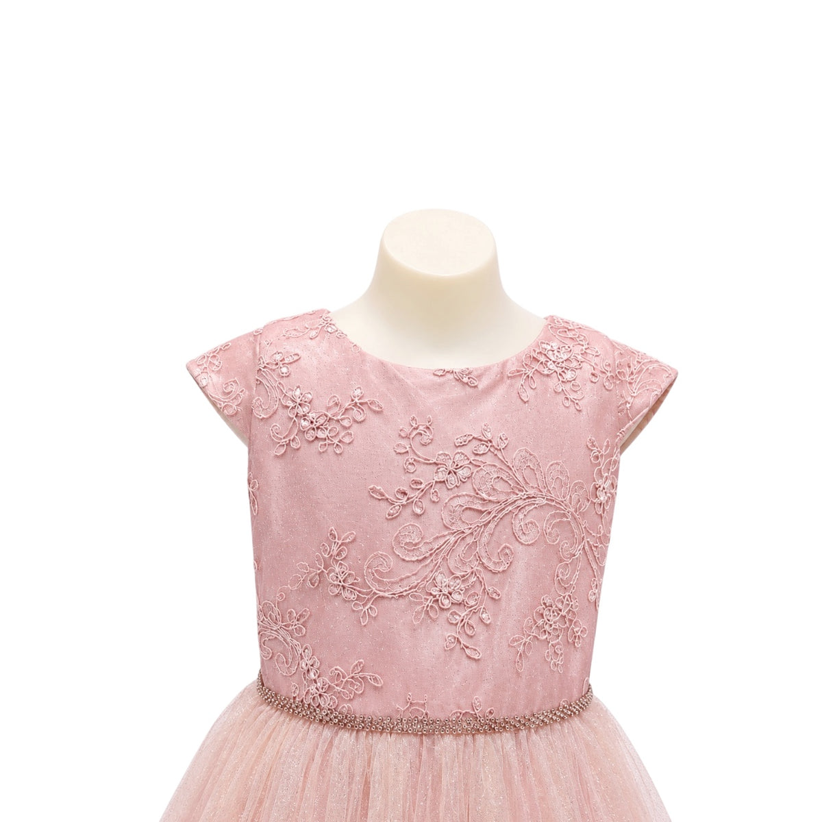 Cap Sleeve Mauve Floral Embroidered Glitter Tulle Dress with Rhinestone Waist