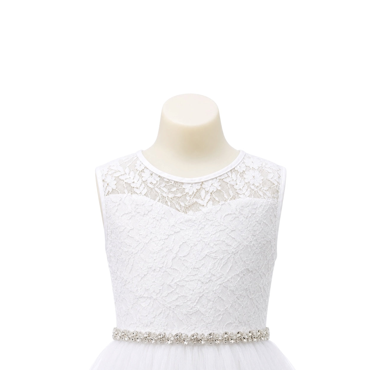 White Sleeveless Floral Lace Formal Dress with Full Tulle Skirt & Rhinestone Waist