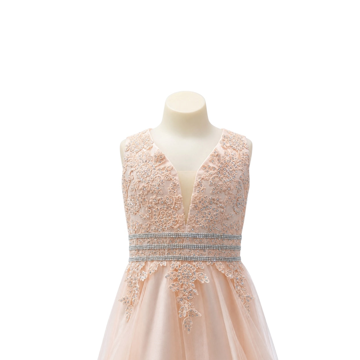 Dusty Pink Floral Embroidered Illusion Tulle Gown with Triple Rhinestone Waist