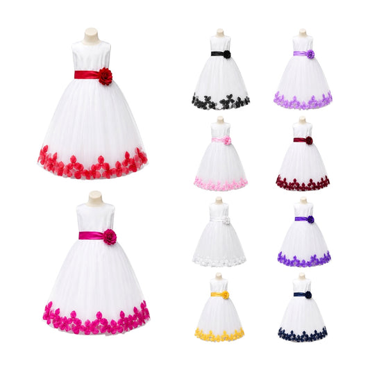White Tea-Length Satin & Tulle Dress with 3D Floral Petal Hem & Rosette Waist Accent