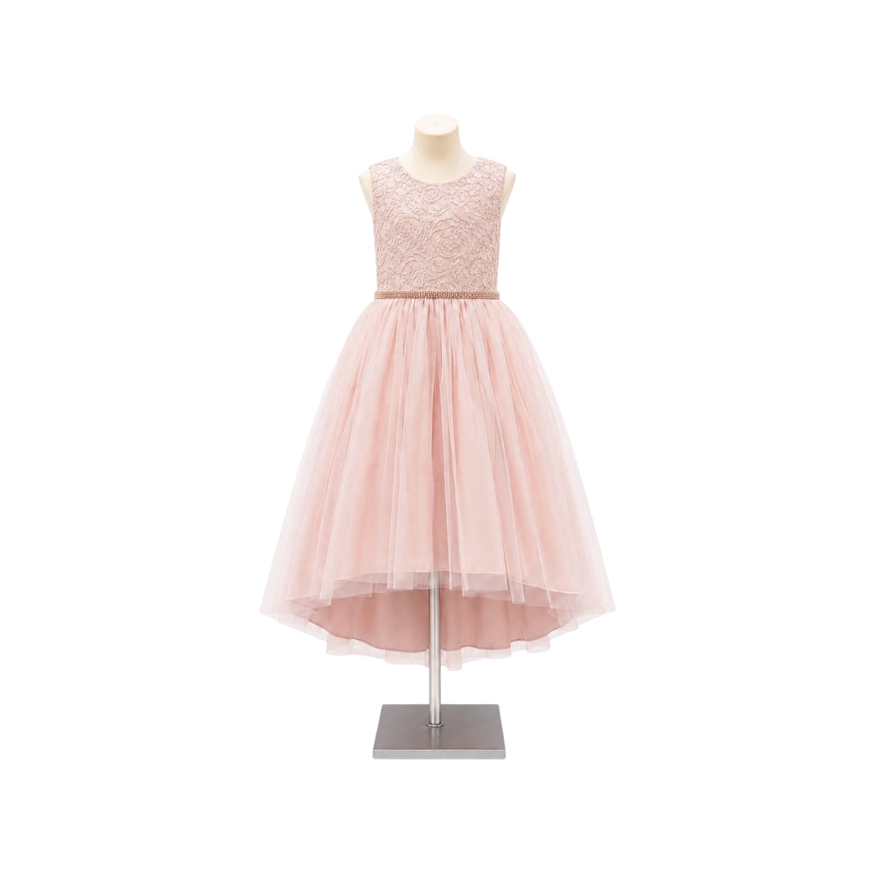 Jolene Blush Metallic Jacquard High-Low Tulle Dress with Rhinestone Waist