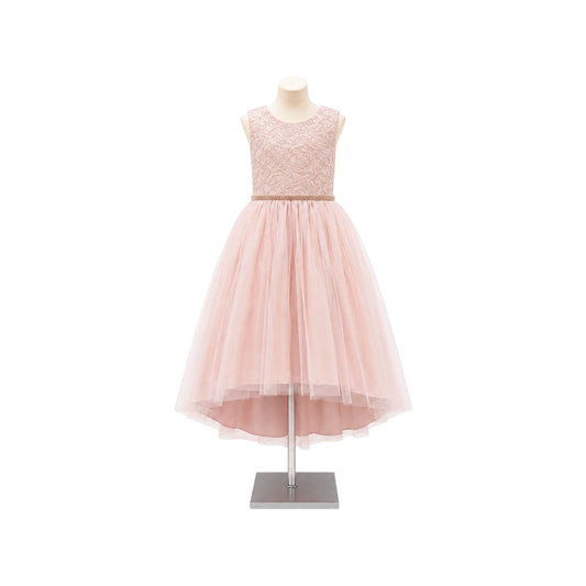 Jolene Blush Metallic Jacquard High-Low Tulle Dress with Rhinestone Waist
