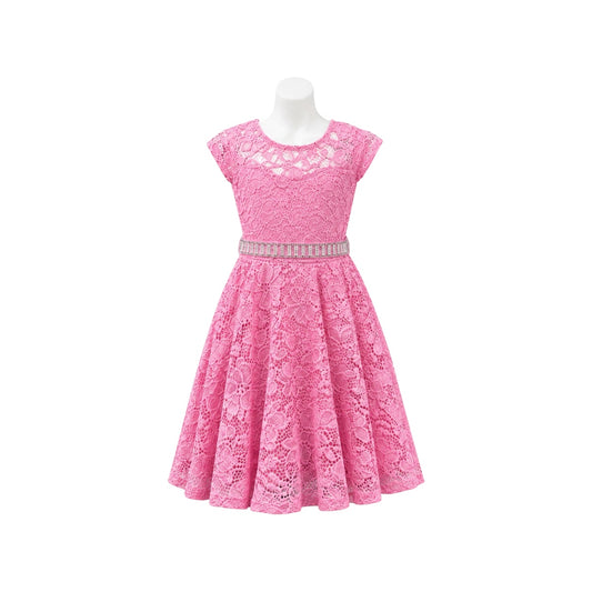 Pink Floral Lace Tea-Length Dress with Rhinestone Waistband (Size 2)