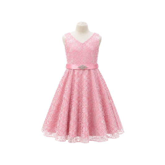 Sleeveless Pink & Grey Lace Ankle-Length Dress with Rhinestone Sash (Size 16)