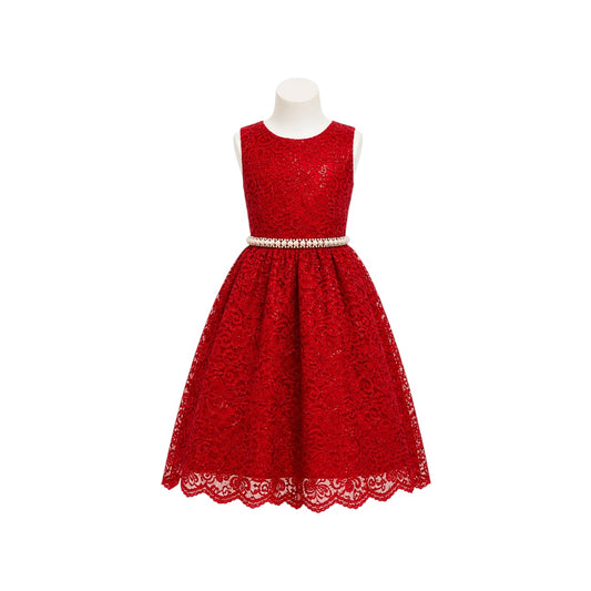 Girls Red Glitter Embroidered Lace Tea-Length Dress with Pearl & Rhinestone Waist (Size 12)