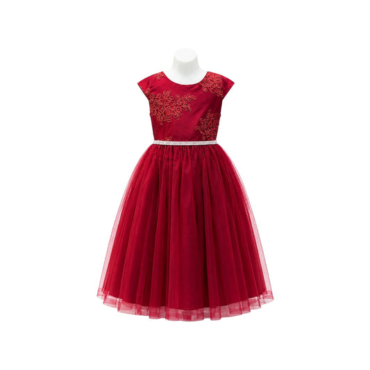 Cap Sleeve Burgundy Floral Embroidered Dress with Rhinestone Waist