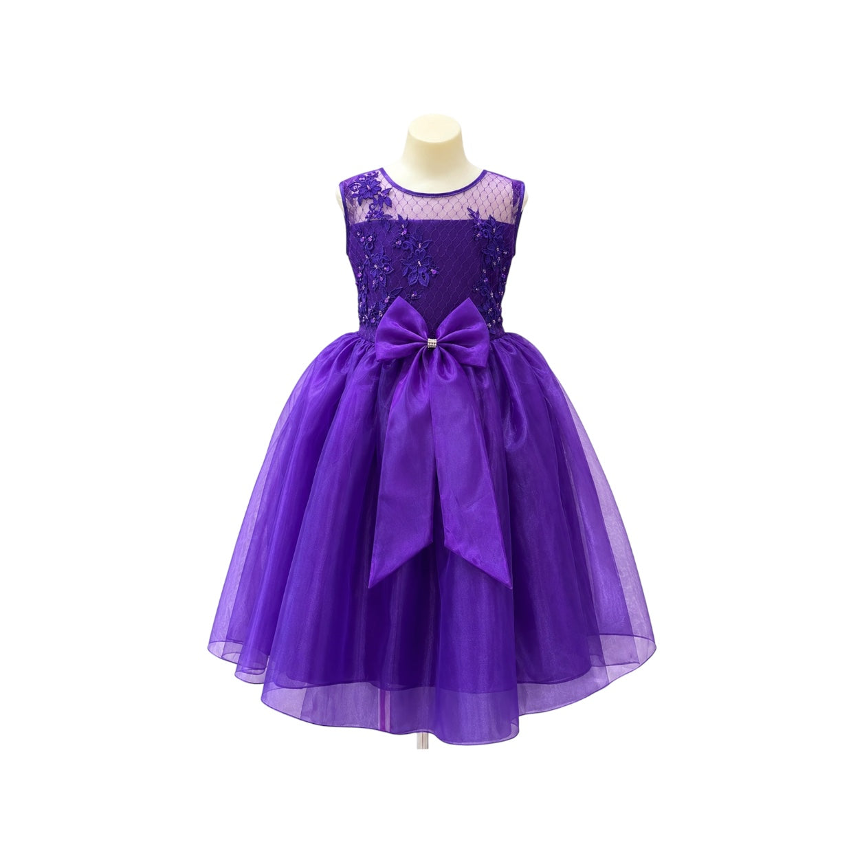 Fancy Kids Purple Floral Embroidered Tulle Dress with Beaded Bodice & Satin Bow