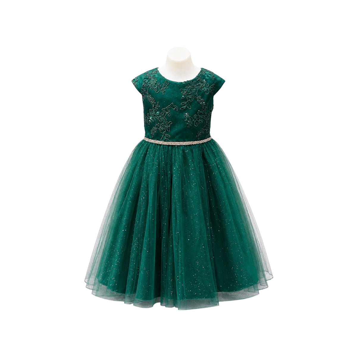 Cap Sleeve Emerald Green Floral Embroidered Glitter Tulle Dress with Rhinestone Waist