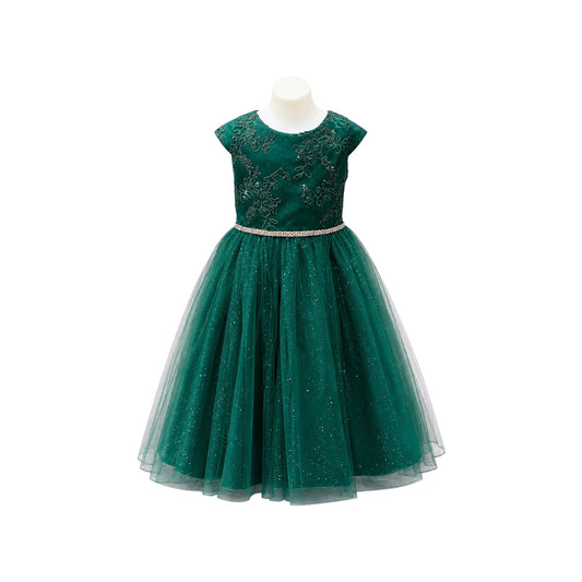 Cap Sleeve Emerald Green Floral Embroidered Glitter Tulle Dress with Rhinestone Waist