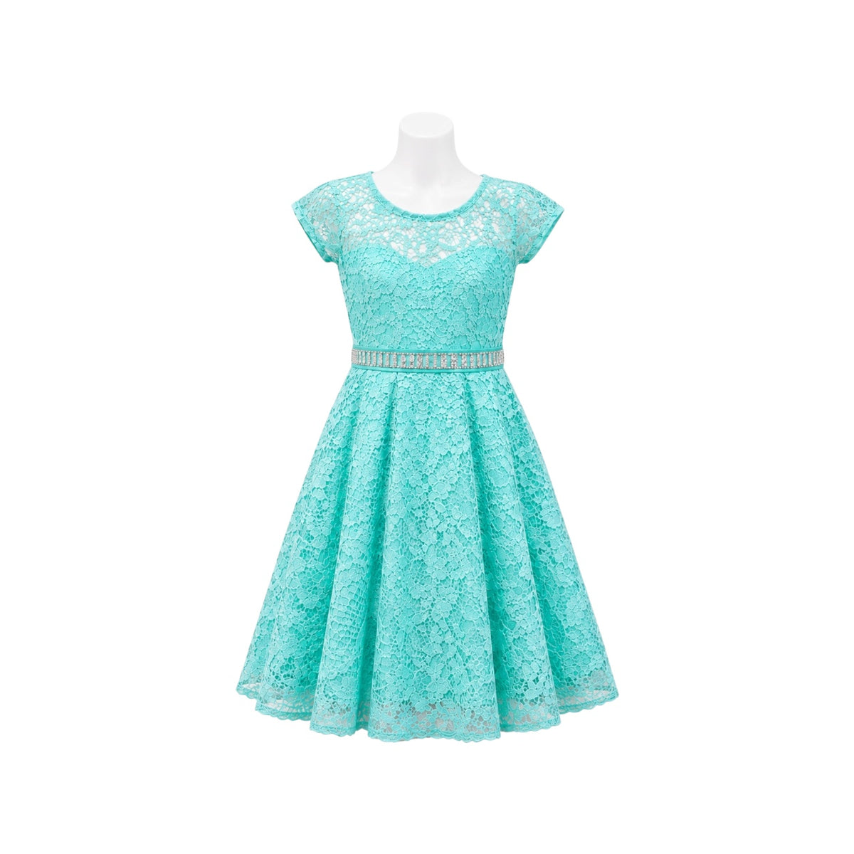 Mint Floral Lace Tea-Length Dress with Rhinestone Waistband