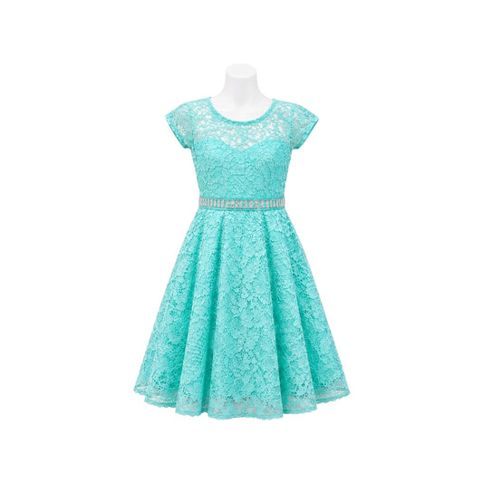 Mint Floral Lace Tea-Length Dress with Rhinestone Waistband