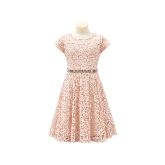 Champagne Floral Lace Tea-Length Dress with Rhinestone Waistband