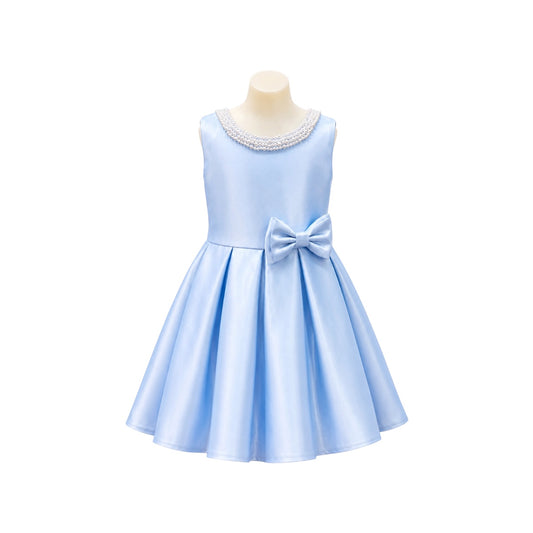 Light Blue Satin Dress with Pearl Neckline & Bow Detail
