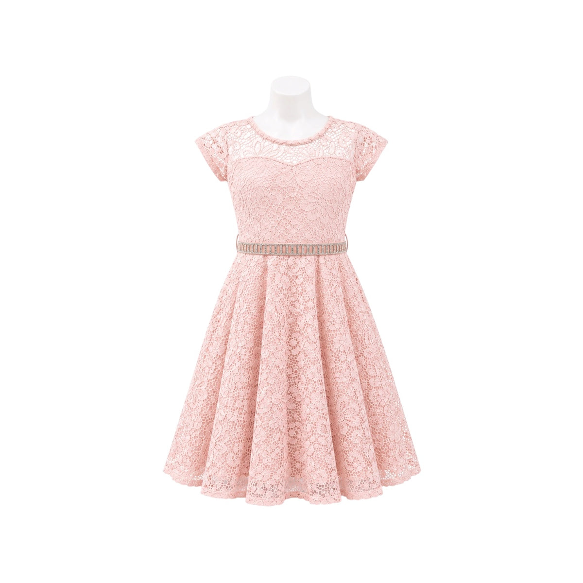 Blush Floral Lace Tea-Length Dress with Rhinestone Waistband (Size 4)