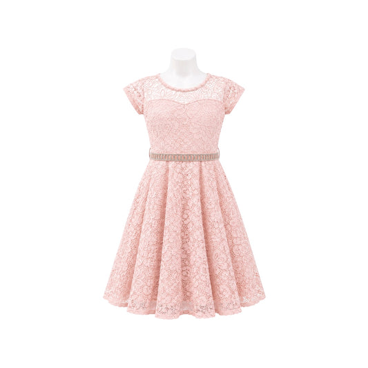 Blush Floral Lace Tea-Length Dress with Rhinestone Waistband (Size 4)
