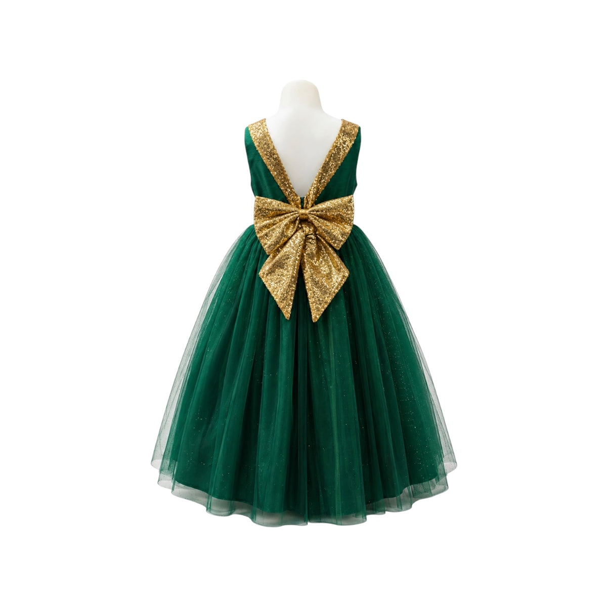 Emerald Green Glitter Tulle Dress with Gold Sequin Bow & Waistband