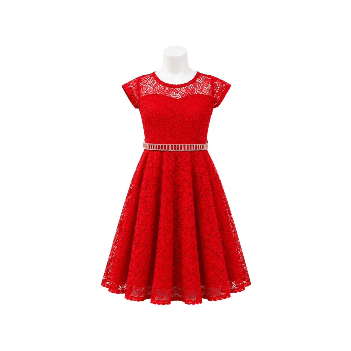 Red Floral Lace Tea-Length Dress with Rhinestone Waistband