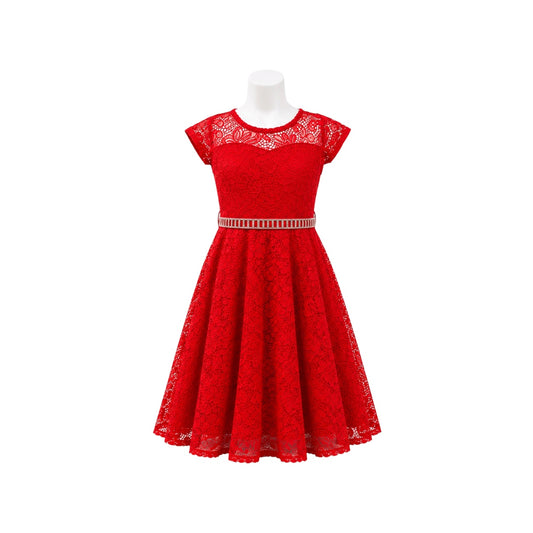 Red Floral Lace Tea-Length Dress with Rhinestone Waistband