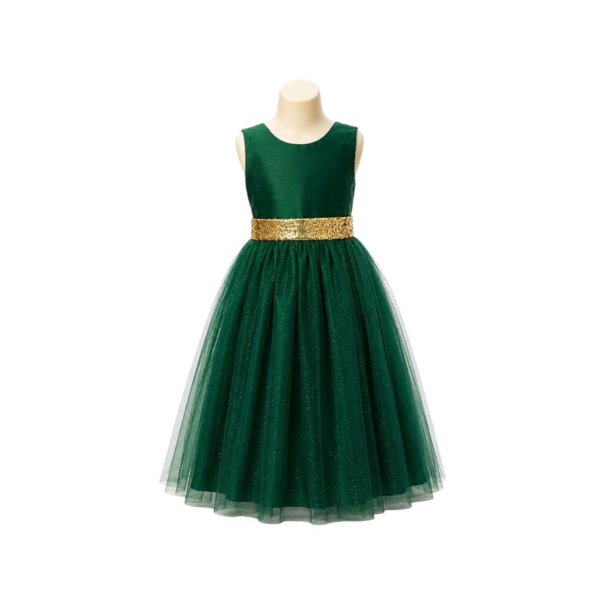 Emerald Green Glitter Tulle Dress with Gold Sequin Bow & Waistband