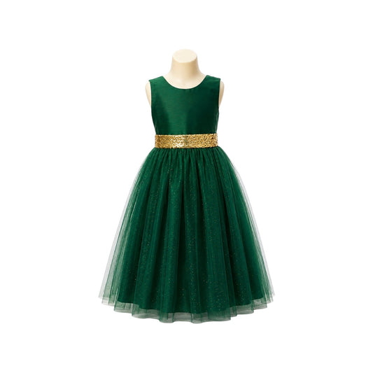 Emerald Green Glitter Tulle Dress with Gold Sequin Bow & Waistband