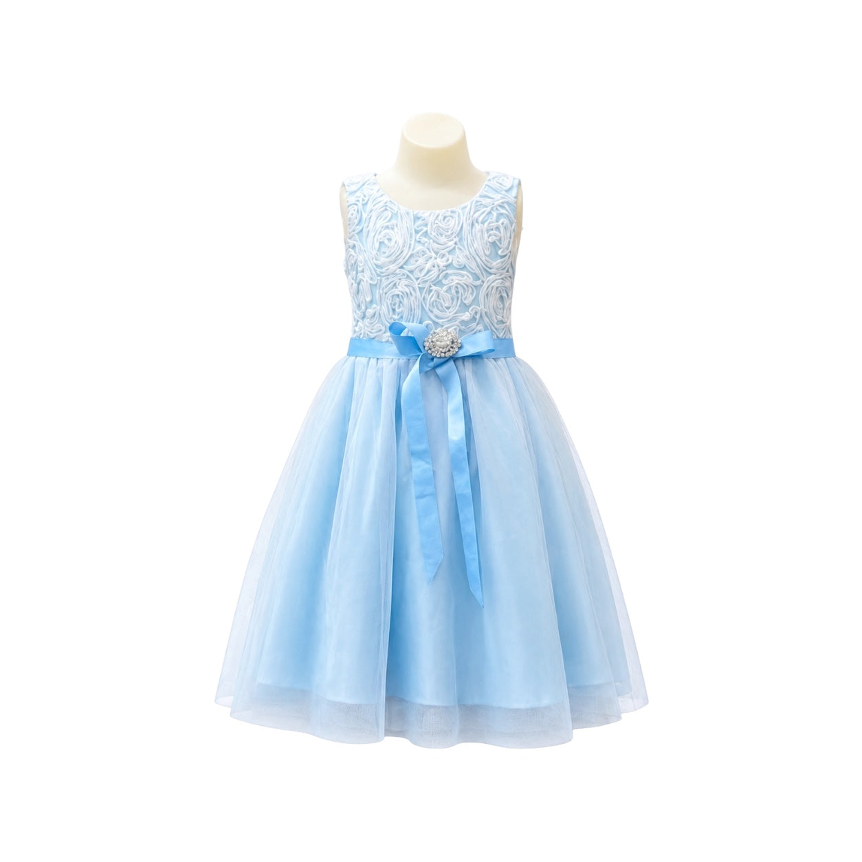 Sky Blue Rosette Lace & Tulle Dress with Rhinestone Bow (Size 2)