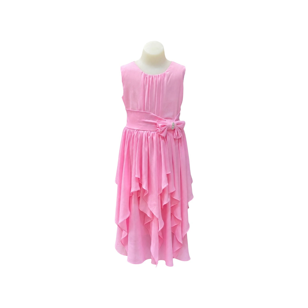 Sleeveless Pink Cascading Ruffle Dress with Rhinestone Bow