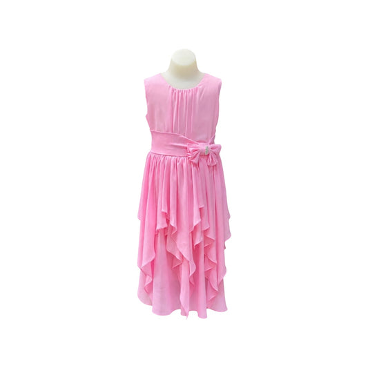 Sleeveless Pink Cascading Ruffle Dress with Rhinestone Bow
