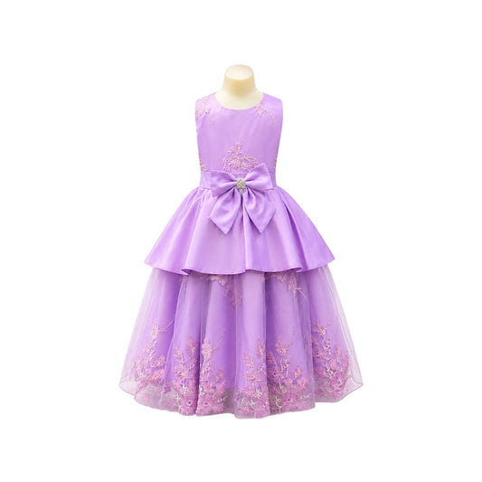 Fancy Kids Lavender Floral Embroidered Tulle Dress with Satin Bow