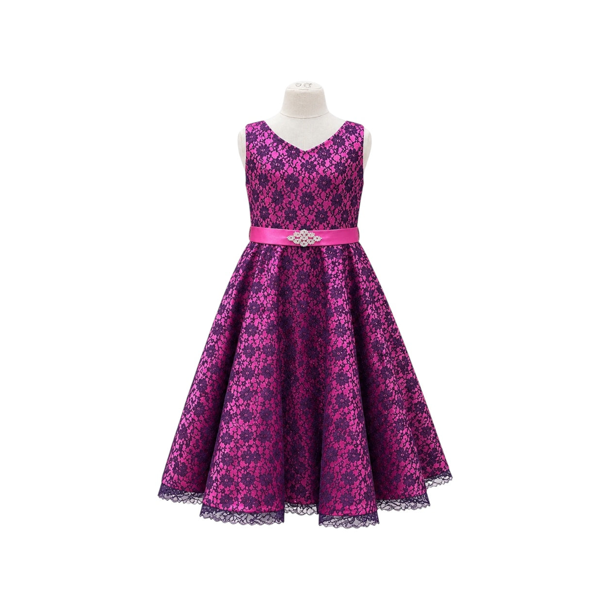 Sleeveless Fuchsia & Navy Lace Ankle-Length Dress with Rhinestone Sash (Size 16)