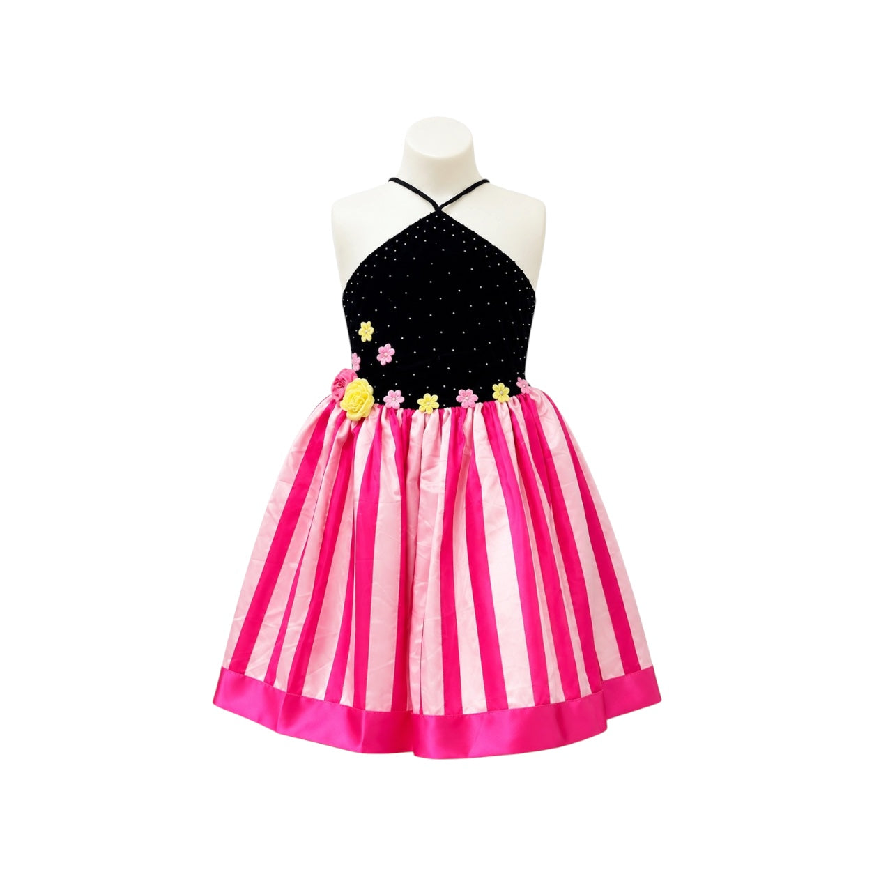 Black & Pink Halter Dress with Floral Appliqués & Striped Skirt