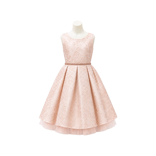 Jolene Blush Metallic Floral Jacquard Dress with Crystal Tulle & Rhinestone Waist