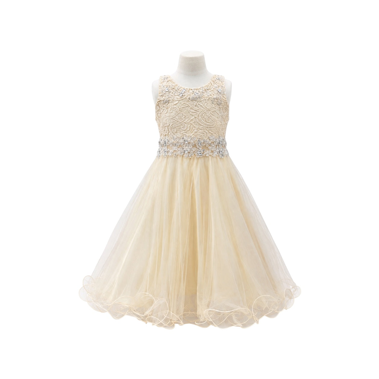 Girls' Champagne Lace & Tulle Dress with Rhinestone Embellishments & Matching Shawl