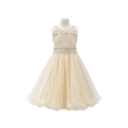 Girls' Champagne Lace & Tulle Dress with Rhinestone Embellishments & Matching Shawl