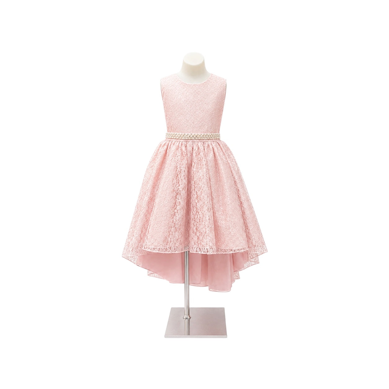 Blush Pink Floral Lace High-Low Girls' Formal Dress with Pearl Waistband & Satin Bow Back (Size 10)