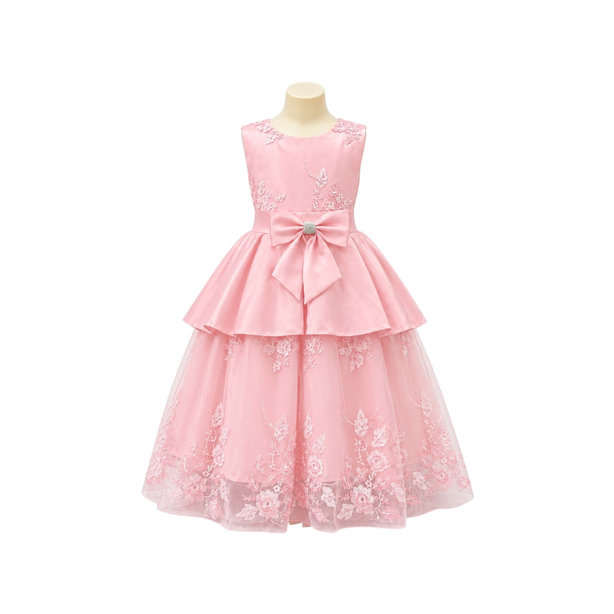 Fancy Kids Pink Floral Embroidered Tulle Dress with Satin Bow