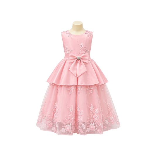 Fancy Kids Pink Floral Embroidered Tulle Dress with Satin Bow