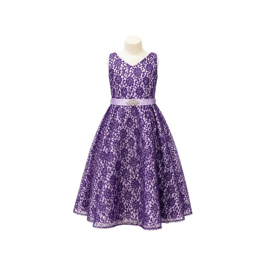 Sleeveless Lavender & Purple Lace Ankle-Length Dress with Rhinestone Sash
