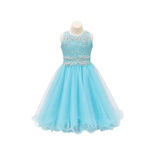 Girls' Aqua Lace & Tulle Dress with Rhinestone Embellishments & Matching Shawl