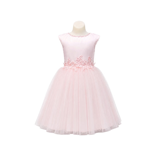 Blush Pink Tea-Length Formal Dress with Pearl Neckline & Floral Appliqué Waist