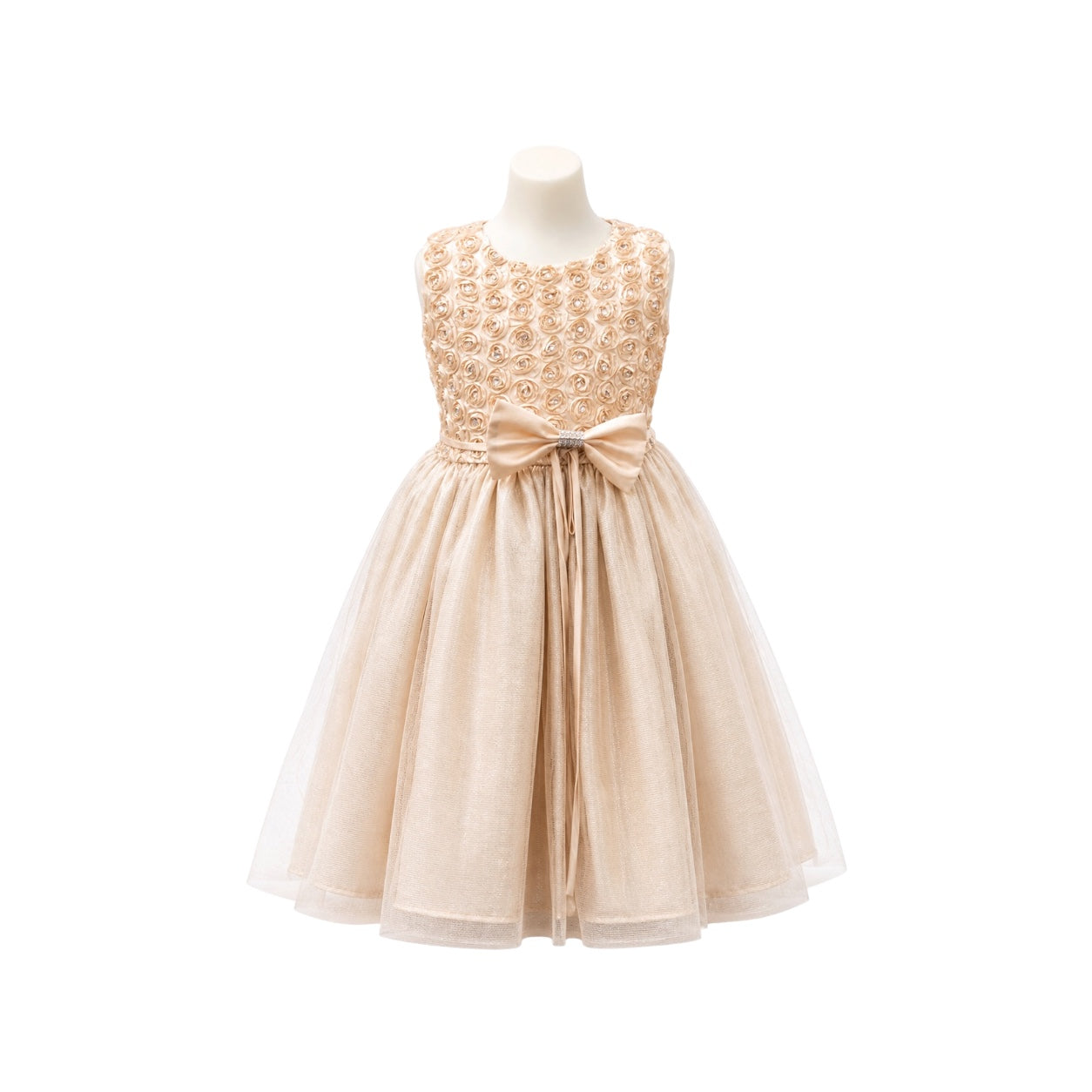 Champagne Rosette Bodice Glitter Tulle Tea-Length Girls' Formal Dress with Satin Bow (Size 8)