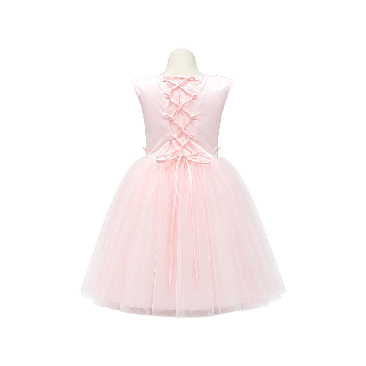Blush Pink Tea-Length Formal Dress with Pearl Neckline & Floral Appliqué Waist