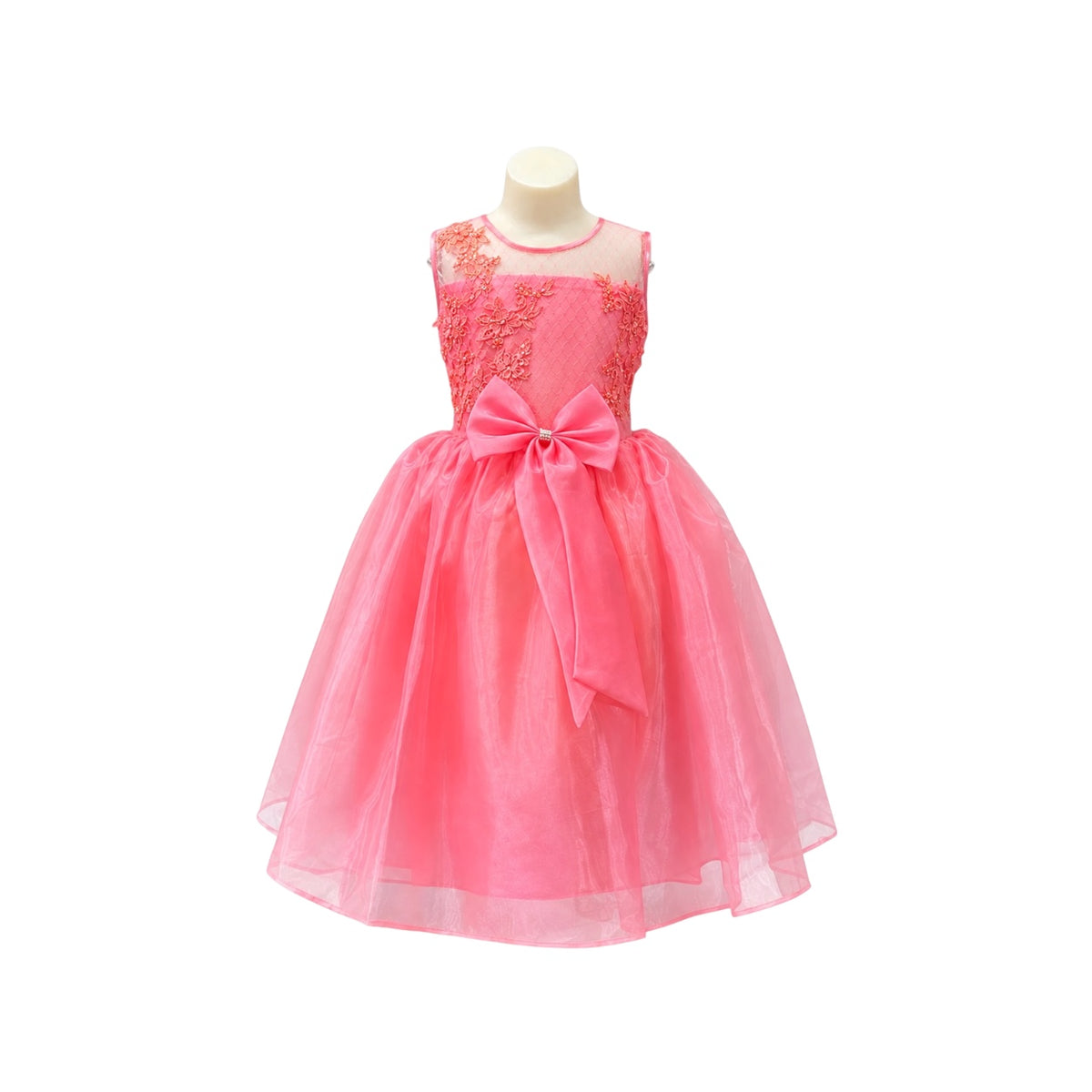 Fancy Kids Coral Floral Embroidered Tulle Dress with Beaded Bodice & Satin Bow