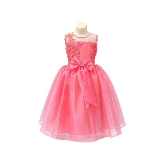 Fancy Kids Coral Floral Embroidered Tulle Dress with Beaded Bodice & Satin Bow