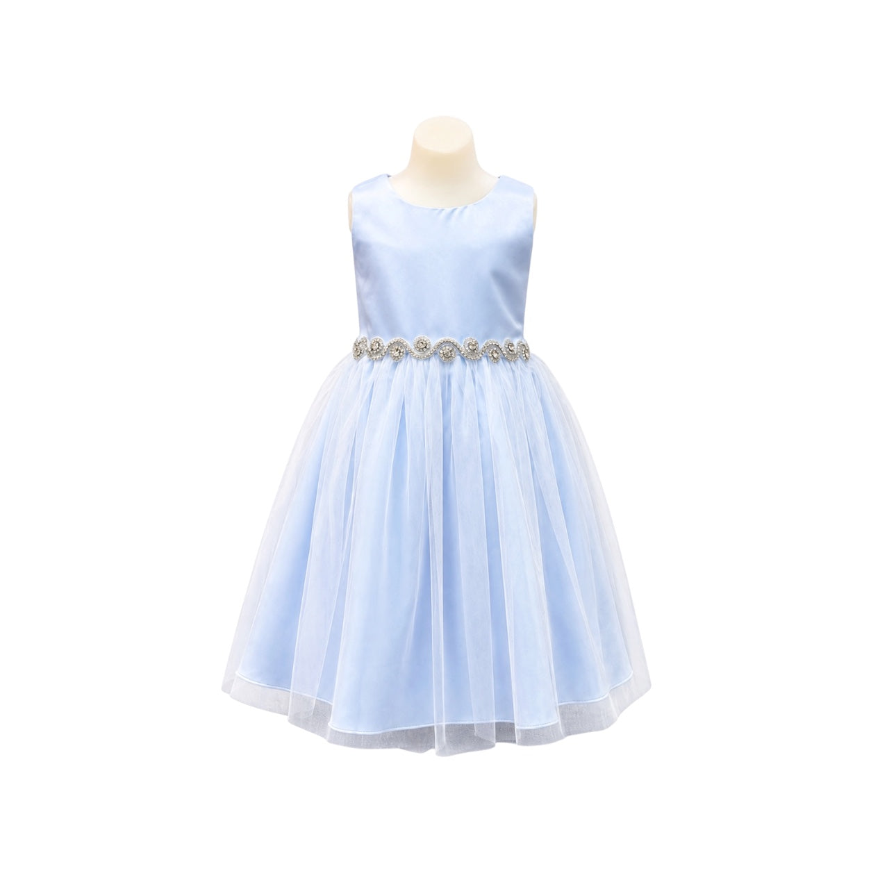 Light Blue Satin & Tulle Dress with Rhinestone Swirl Waist (Size 6)