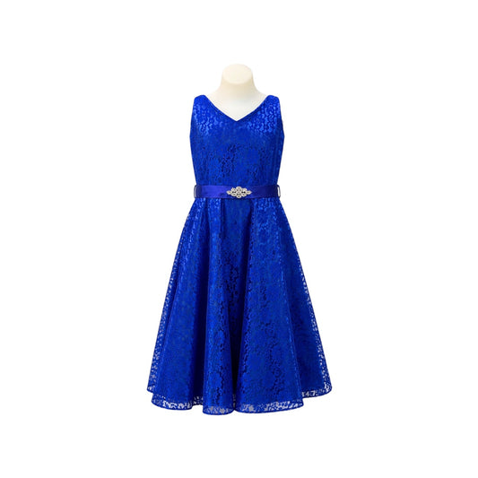 Sleeveless Royal Blue Lace Ankle-Length Dress with Rhinestone Sash (Size 16)